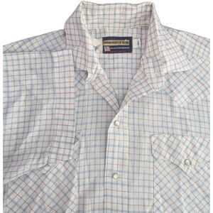 Panhandle Slim Button Down Shirt Mens 15 1/2 White Blue Vintage Plaid Western